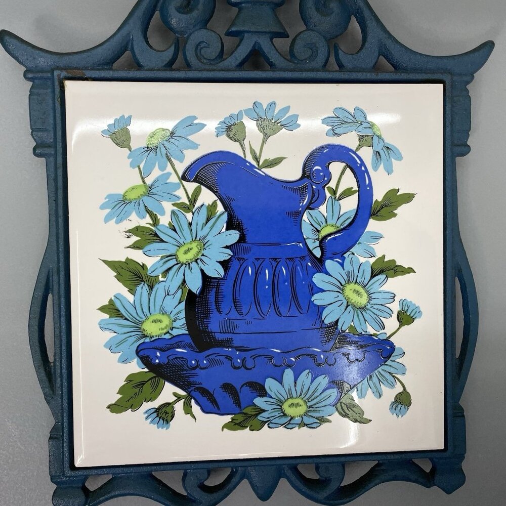 Vintage FM Trivet Cast Metal Ceramic Tile Hot Plate Floral Blue Made in Japan